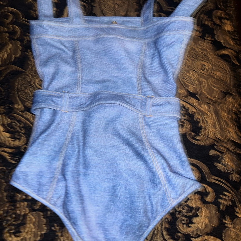 Balmain Blue Denim-Print Bandeau One-Piece Swimsuit - Picture 6 of 16